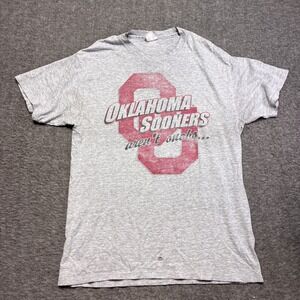 Hanes Oklahoma Sooners T-Shirt Mens L Gray Graphic Distressed Holes College